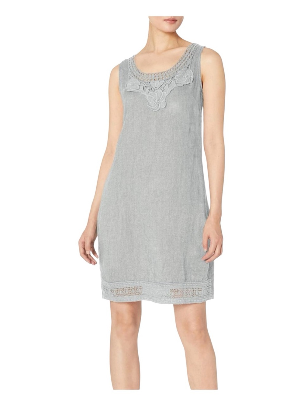M Made in Italy Linen Crochet Lace Shift Lagenlook Dress Size M Grey